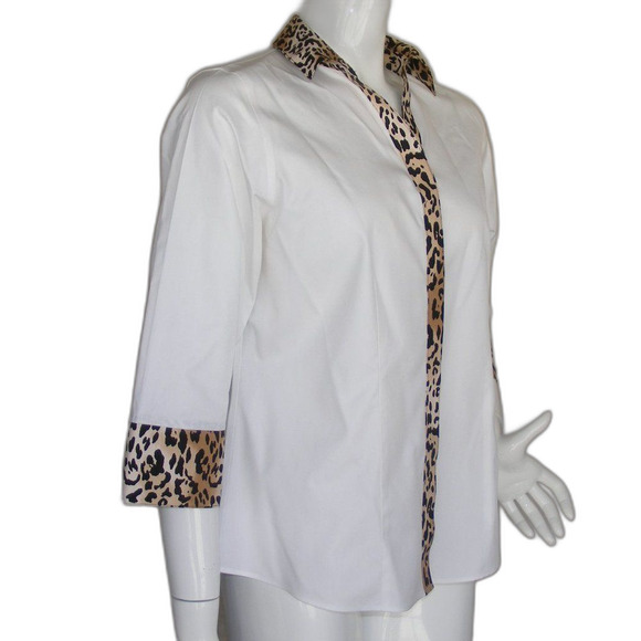 CHICO'S Top, 1/M, White, NO Iron, Leopard Accents, 3/4 sleeves, hidden buttons - Picture 2 of 13
